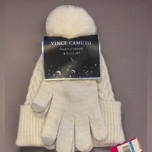 NWT Vince Camuto White Faux Fur Beanie & Glove Set